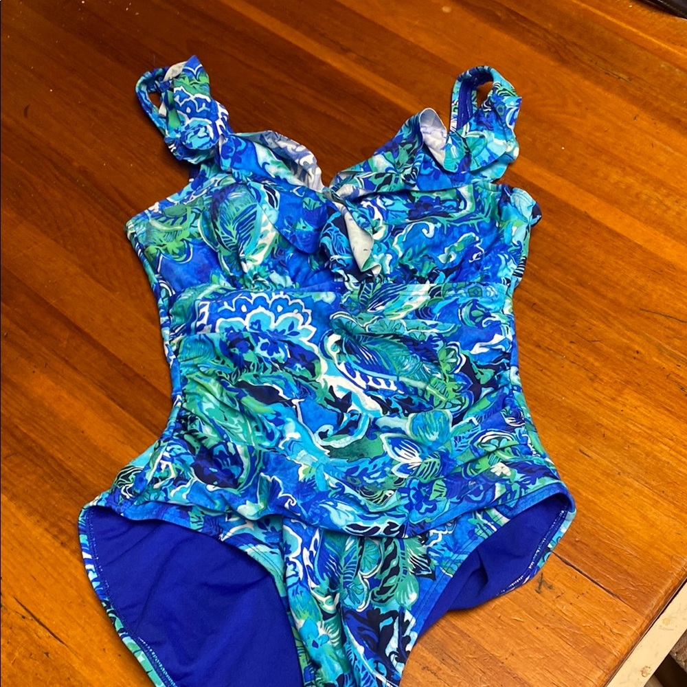 Ralph Lauren Blue and Green One Piece Swimsuit with Wrap Neckline
